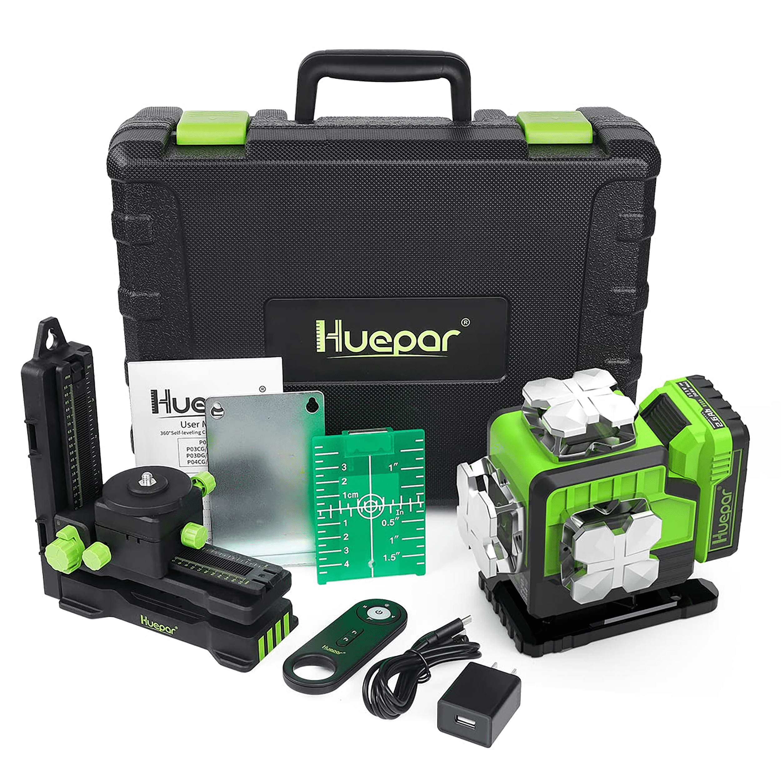 Huepar 4 x 360° Self-Leveling Laser Level Green Beam 4D Cross Line Laser  Leveler Tools with Bluetooth & Remote Control P04CG 