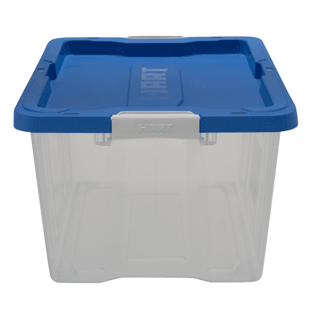 HART 68 Quart Clear Latching Plastic Storage Bin Container, Clear with Blue Lid, Set of 4