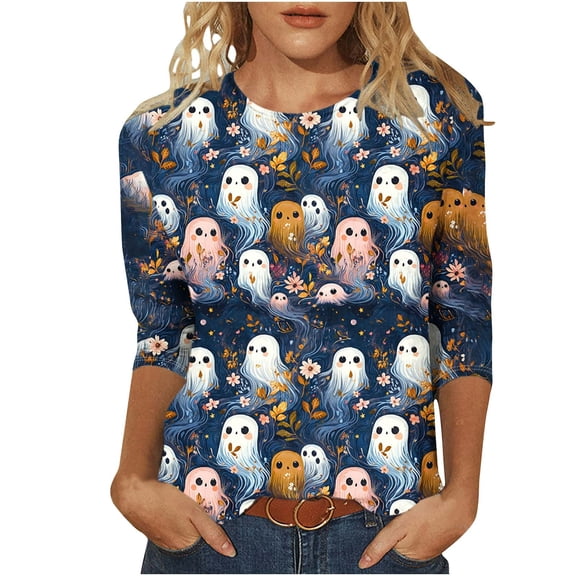 Plcasen Women Halloween Witch Print Crew Neck 3/4 Sleeve Loose T-Shirt Top