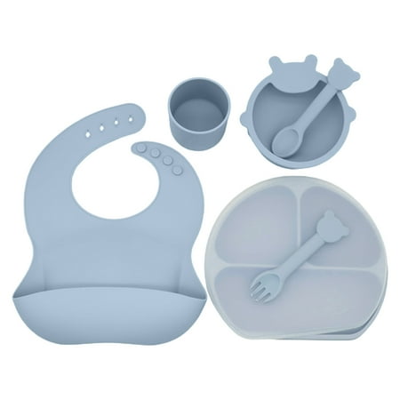 

Baby Silicone Bib Divided Dinner Plate Suction Bowl Spoon Fork Cup Tableware Set