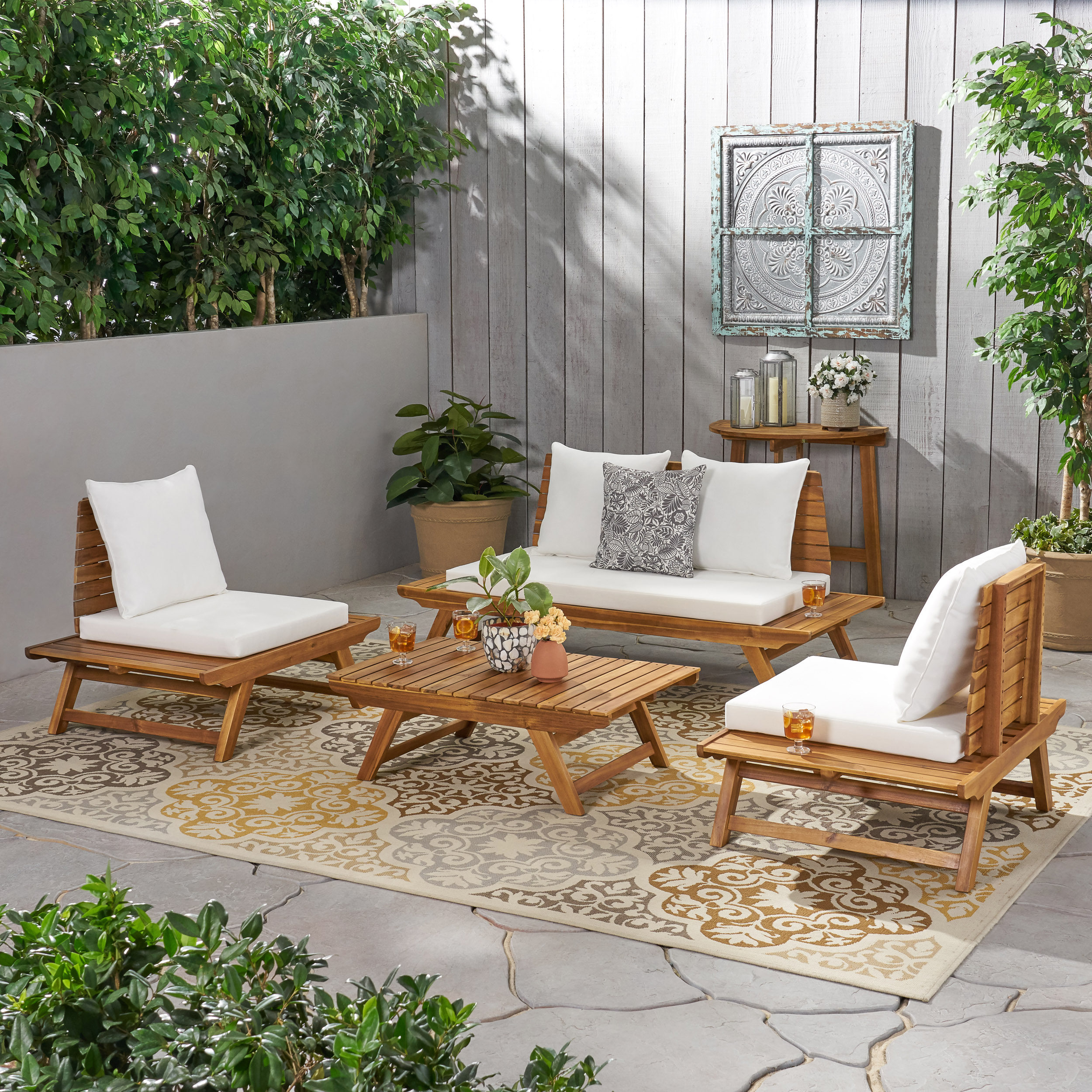 GDF Studio Kaiya Outdoor Acacia Wood 4 Seater Chat Set, Teak and