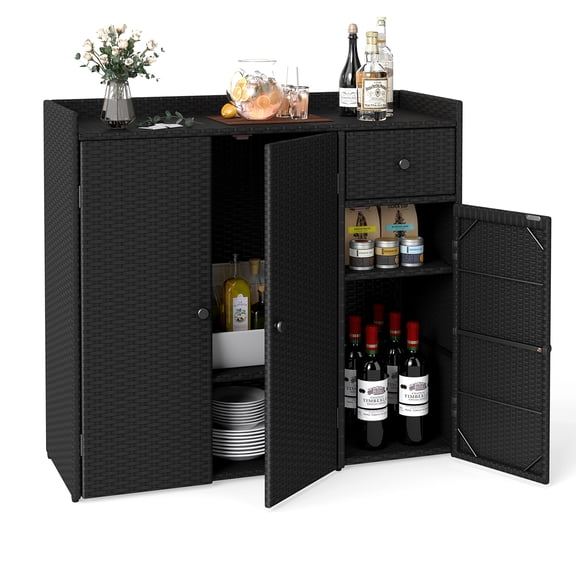 Costway Outdoor PE Wicker Storage Cabinet with 3 Doors, Adjustable Shelves and Drawer Black