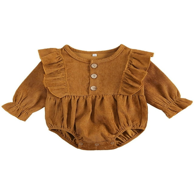 Newborn Baby Girl Boy Bodysuit Ruffle Long Sleeve Button Solid Autumn Jumpsuit Apricot 0-3 Months