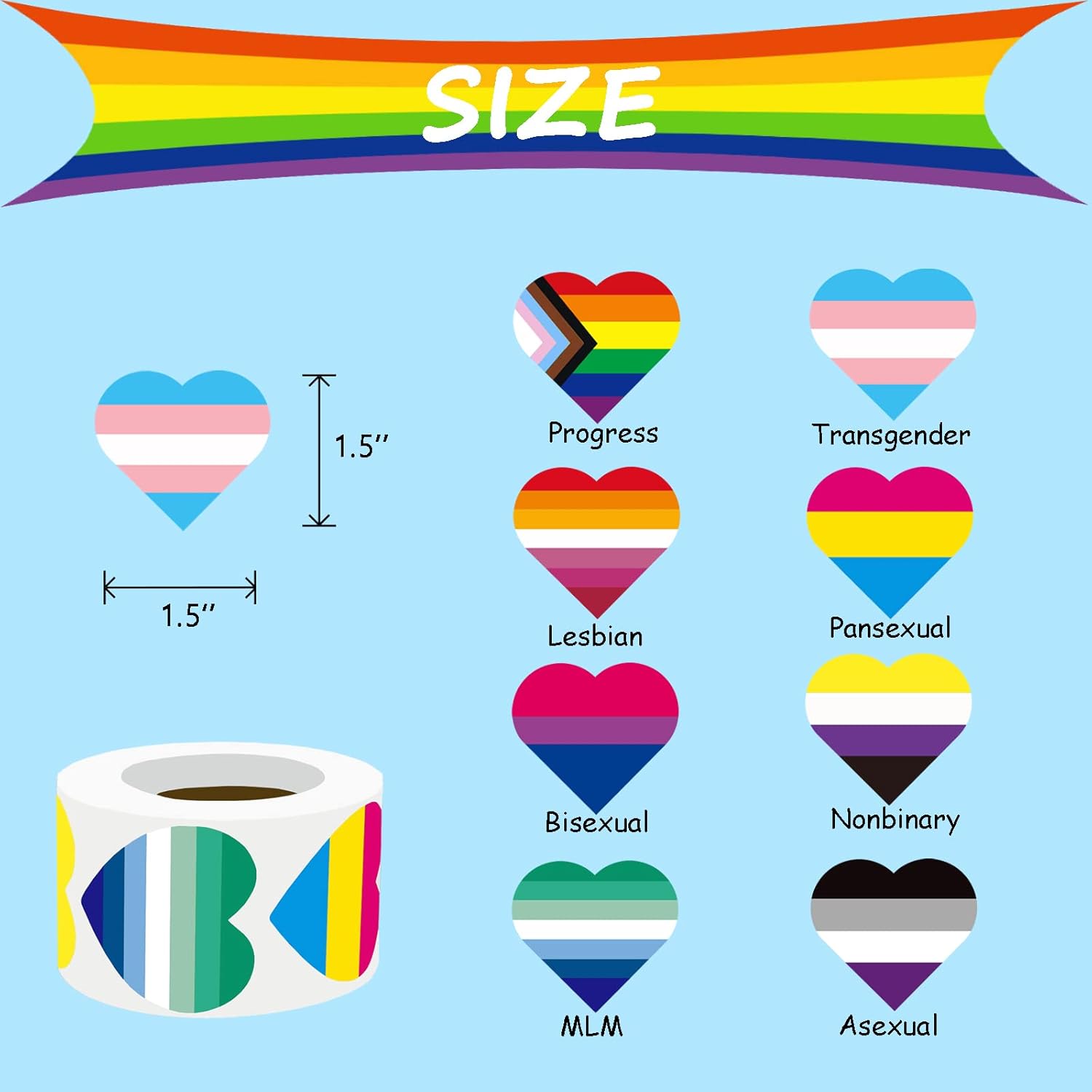 Pride Stickers 1000 PCS, Heart LGBTQ+ Pride Flag Stickers Roll Pack for Transgender Lesbian Bi Nonbinary LGBTQ Gay Stuff Parade Accessories Present (500 Pieces Per Roll)
