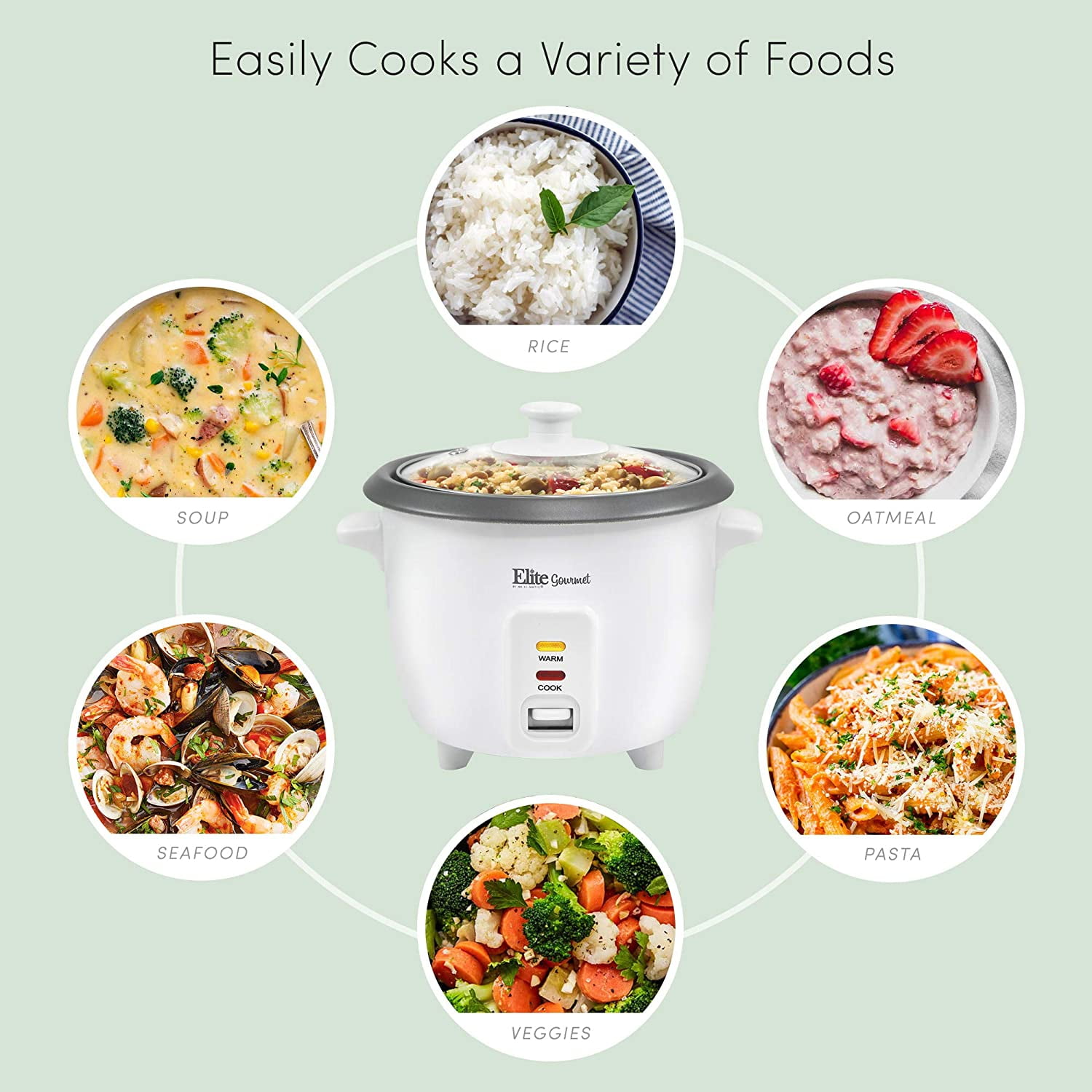 Elite Gourmet 6 Cup Non-Stick Rice Cooker with Steam Tray ERC