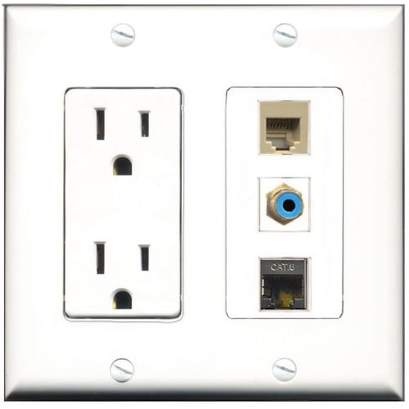 RiteAV - 15 Amp Power Outlet 1 Port RCA Blue 1 Port Phone Beige 1 Port Shielded Cat6 Ethernet Ethernet Decorative Wall Plate