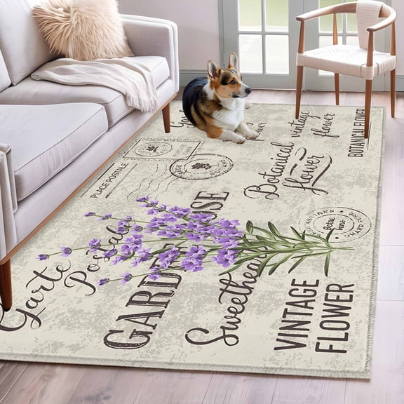 Kitchen Mats for Floor 3x5 Ft, Purple Lavenders Eater Non Slip Area Rugs for Kitchen Bedroom Entryway, Vintage Floral Retro Art Washable Carpet Runner Rug Floor Mats for Bedroom Home Decor