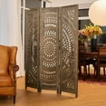 thumbnail image 2 of 66.9Inch Folding Room Divider, 3 Panels Wood Carved Privacy Screens, Free Assembled Freestanding Partition for Home Office Restaurant Bedroom (Brown), 2 of 16
