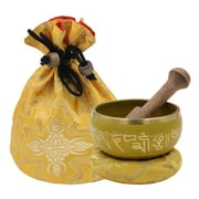 DharmaObjects ~ Tibetan OM MANI Singing Bowl Set ~ With Mallet, Brocade Cushion & Carry Bag ~ For Meditation, Chakra Healing, Prayer, Yoga (Yellow)
