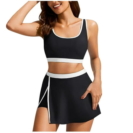 APEXFWDT Women High Waisted Bikini Sets Color Block Two Piece Swimsuit Sporty Push Up Bathing Suit with Swim Skirts Swimwear