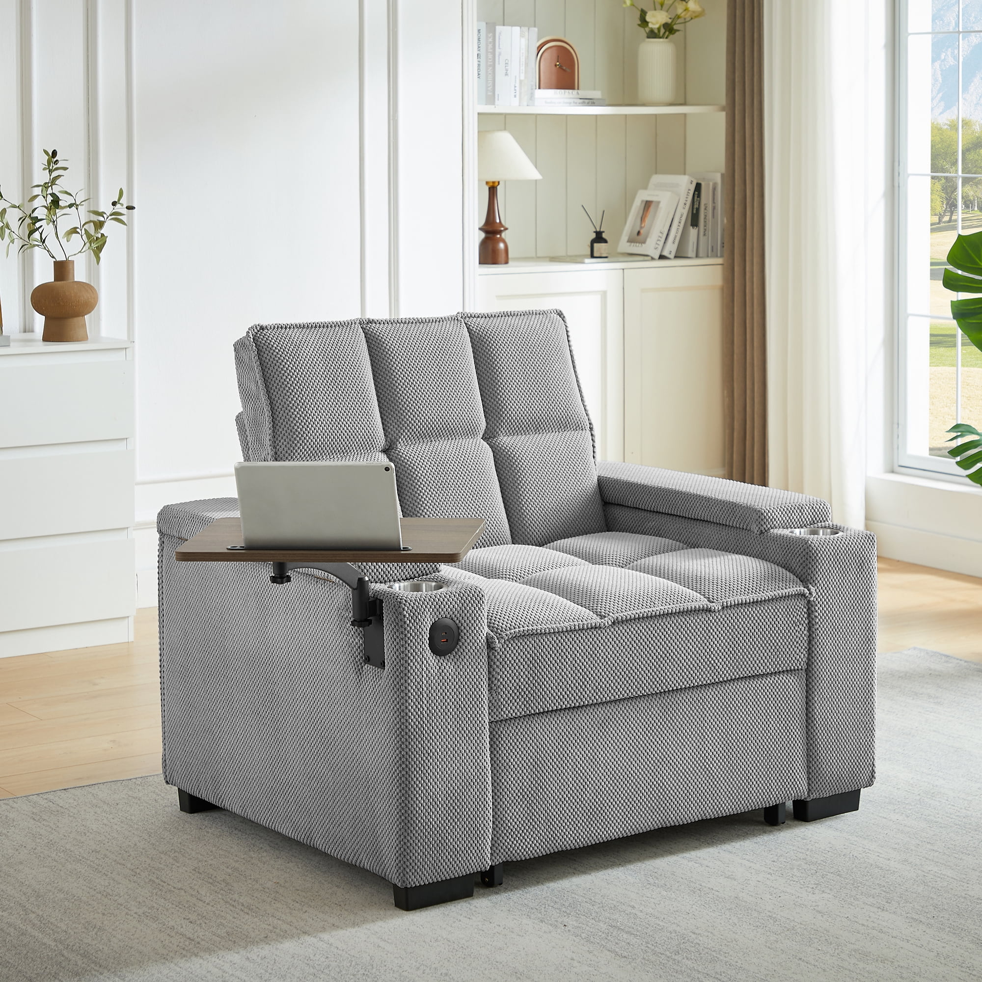 Gewnee 3-in-1 Convertible Sleeper Chair with Adjustable Backrest,Pull-Out Single Sofa Bed with Swivel Side Table & USB Ports & Cup Holder,Perfect for Dorms,Offices.Light Grey
