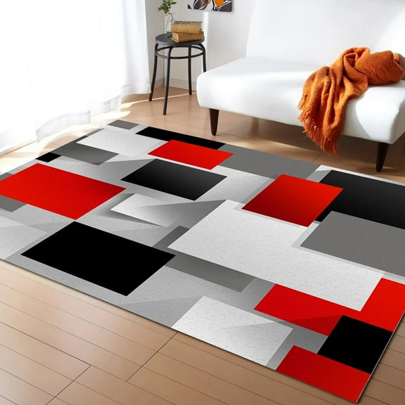 Coral velvet Geometric Figures Red Black Grey Abstract Carpet Area Rug Kids Room Living Room Bedroom Home Play Decoration Large Floor Mat