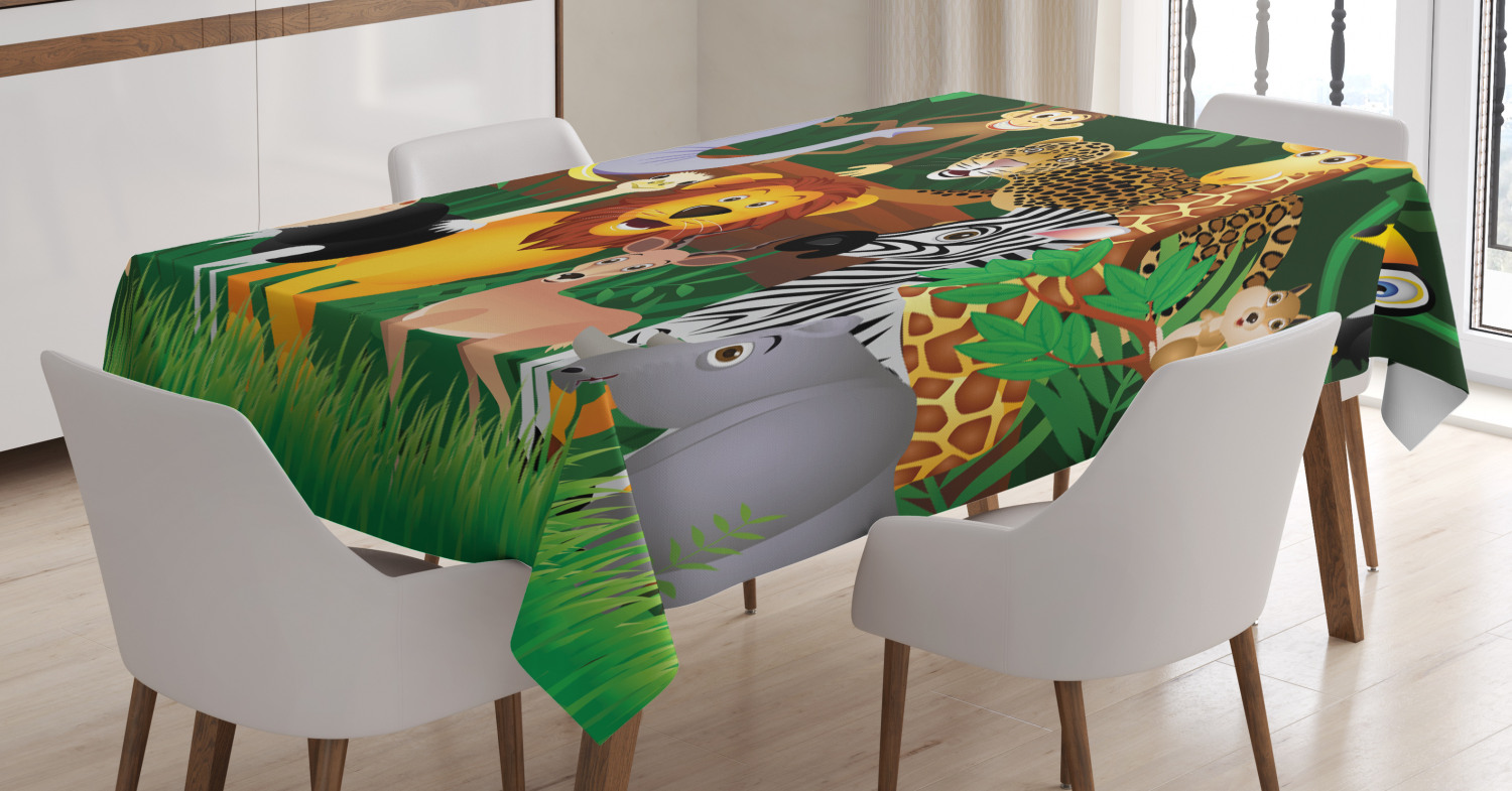 Zoo Tablecloth, Animals in the Jungle Funny Expressions Exotic Comic
