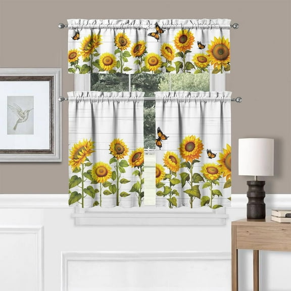 Sunflower Kitchen Curtains Sets for Windows Sunflower Summer Curtain Sink Window Valance 3 Piece Set Kitchen Tier Curtains 3 Panels Decor for Living Room Bedroom 54x36 Inches