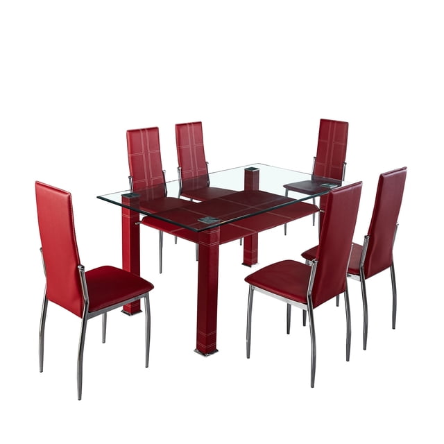 Comedor Bossa Líbano 6 Sillas Estructura Acero Tapizadas Vinil Color Vino Mesa Cristal Templado 150cm x 90cm x 75cm