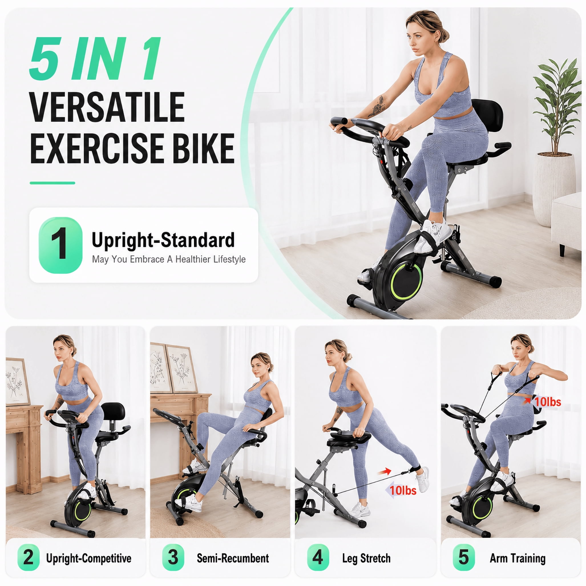 USLIM Foldable Exercise Bike for Home Cardio Workout, Compact 5-in-1 Design, 16-Level Resistance, 300 lb Capacity