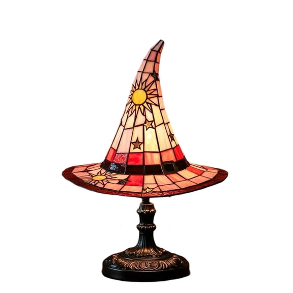 Cevemin Witch Hat Table Lamp 7 Inches Purple Stained Glass Handmade Gothic LED Night Light with USB - Soothing Ambient Glow for Indoor Party Halloween Home Decor