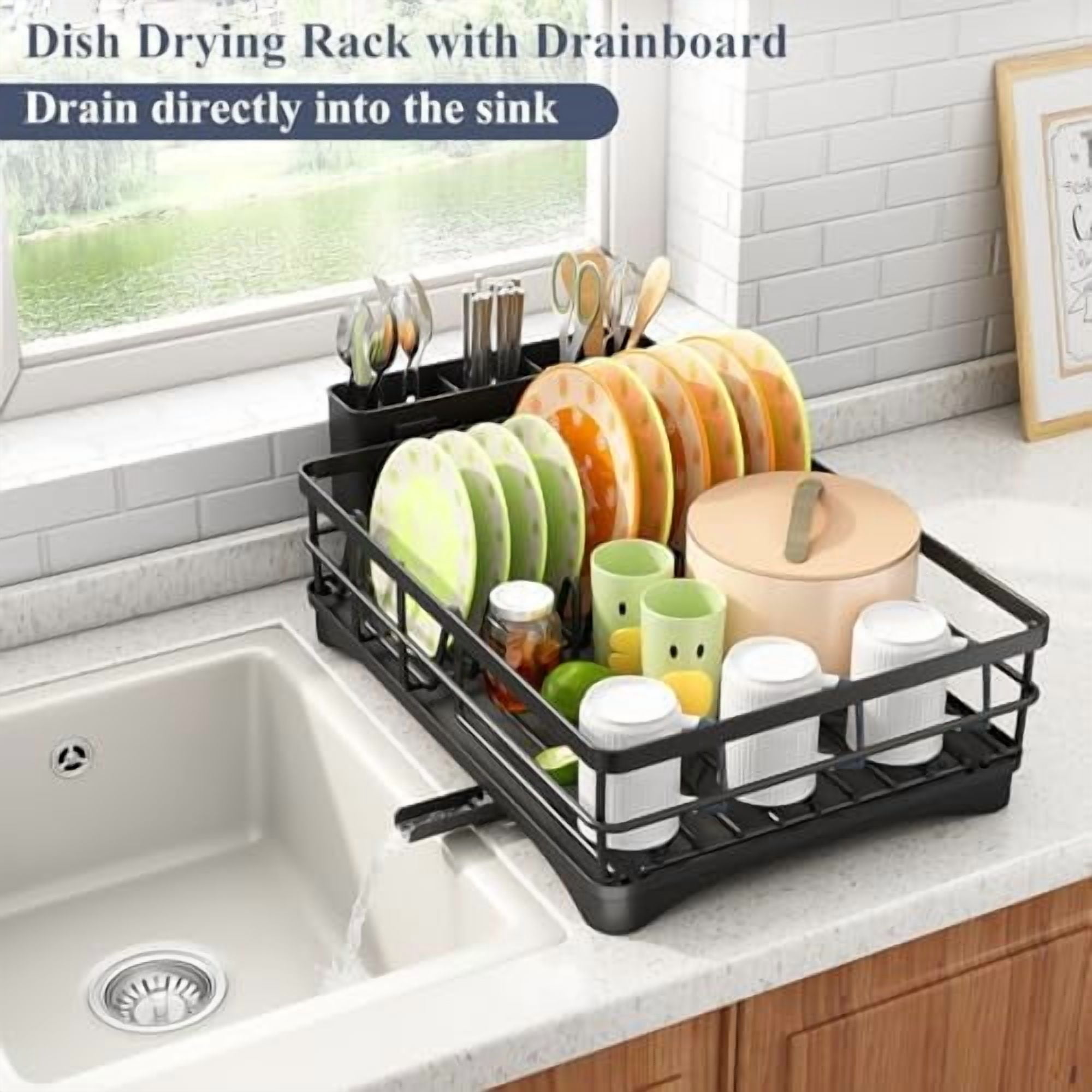 Dish Drying Rack - Stainless Steel Dish Rack for Kitchen Counter, Large-Capacity Dish Drainer with Cutlery Holder, Kitchen Organizer for Dishes, Spoons and Forks, Black