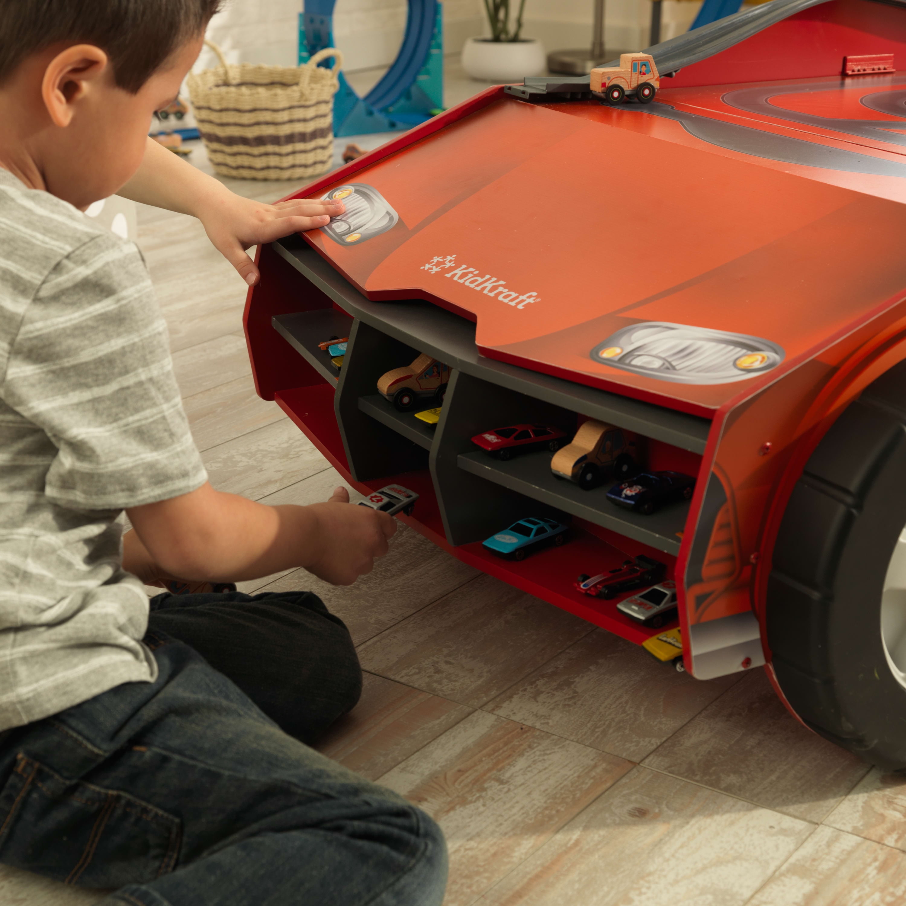 KidKraft Speedway Play N Store Wooden Activity Table for Cars Red