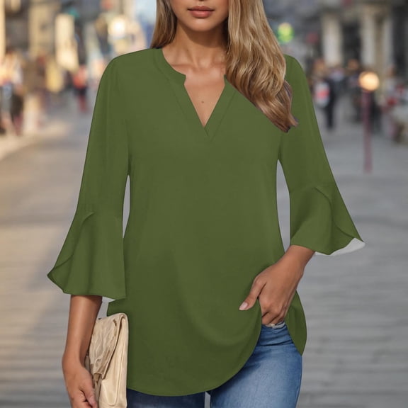 Heisall Women's Work Blouses Ruffle 3/4 Sleeve Dressy Top V Neck Casual Chiffon Tunic Blouses Business Shirts