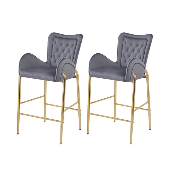 Counter Height Bar Stools Set of 2, Velvet Arm Chairs, 28.75in, Golden Legs & Footrests, Kitchen Island Stools, Gray Solid