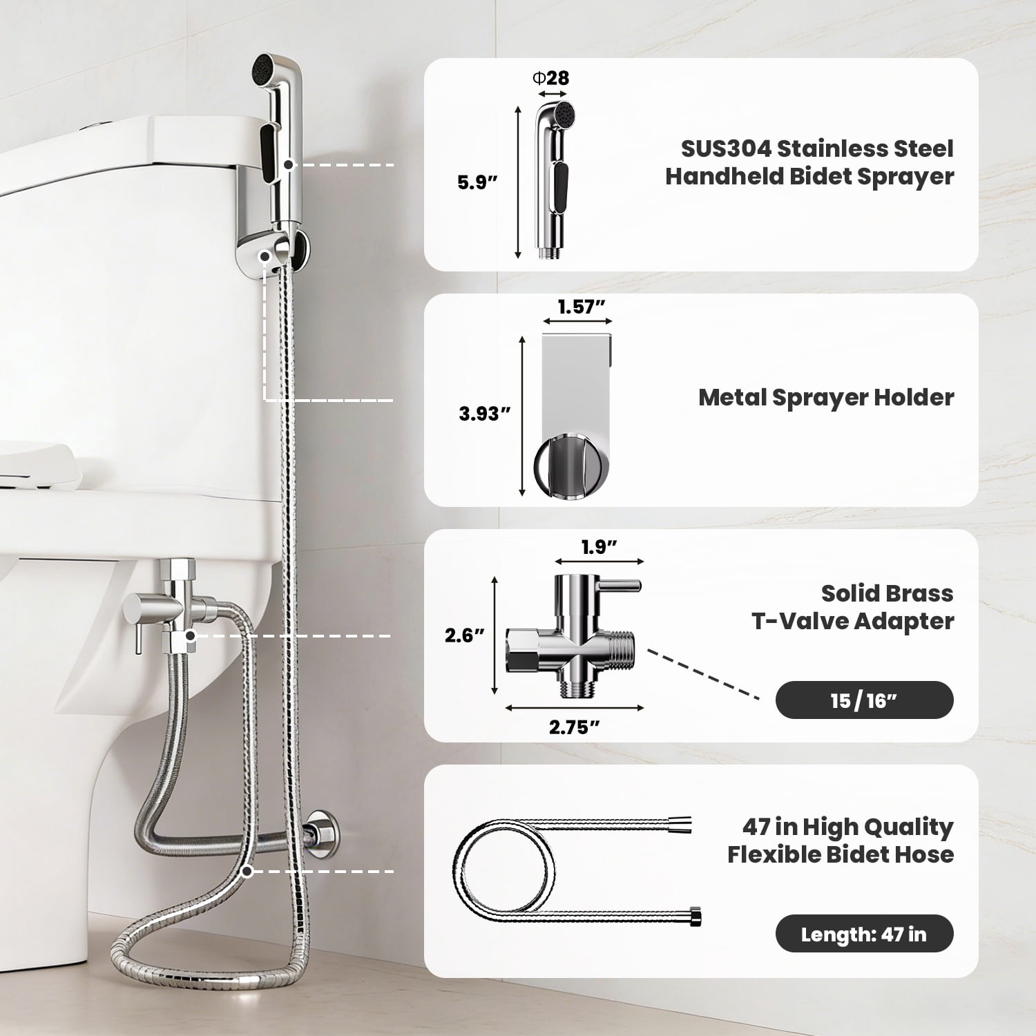 ICYBER BOOM Handheld Bidet Sprayer Kit, Black Stainless Steel Toilet Spray with Adjustable Pressure, 47" Hose & Brass T-Valve, Multi-Purpose for Personal Hygiene, Baby Care, Pet Bath