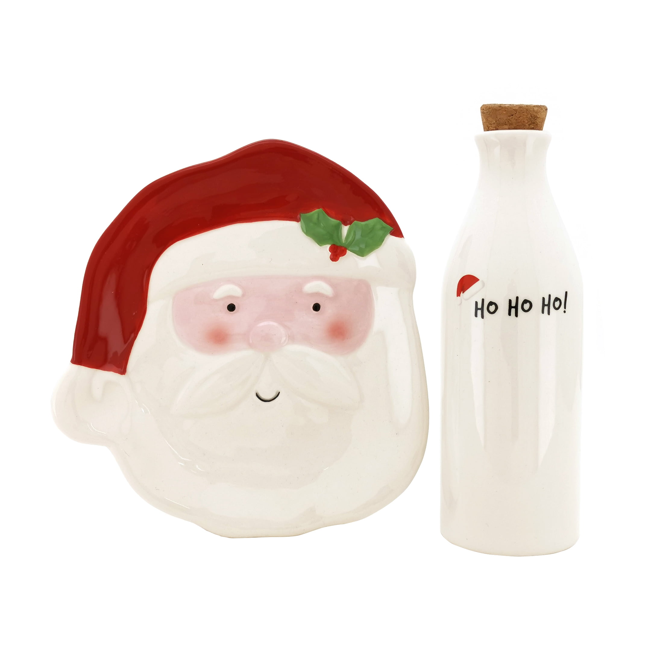 Holiday Time Santa Cookie Plate and Bottle, Earthenware Ceramic