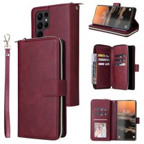 Allytech Samsung Galaxy S24 Ultra Wallet Case with 9 Card Slots & Zipper Pouch for Women Men, Magnetic Closure Kickstand Durable PU Leather Wristlet Strap Folio Flip Luxury Cover - Winered