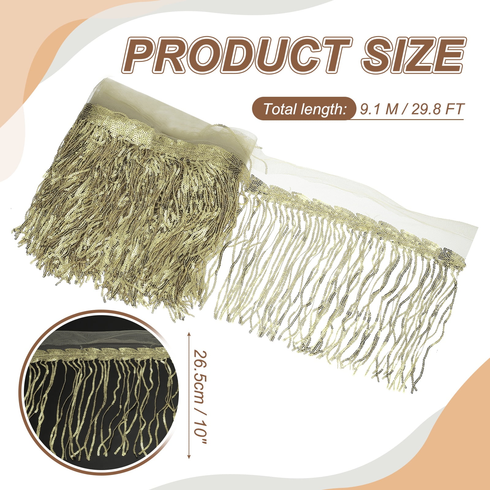 Uxcell 10 Yards 10 Inch Shiny Sequined Tinsel Fringe Trim, Sparkling Spangle Curtain Fringe Paillette Lace Fabric Streamer for DIY Latin Dance Costume Clothing Birthday, Light Gold
