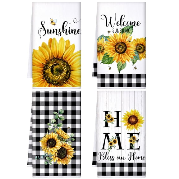 Farmhouse Sunflower and Buffalo Plaid Soft Absorbent Kitchen Towel Set for Home Decor