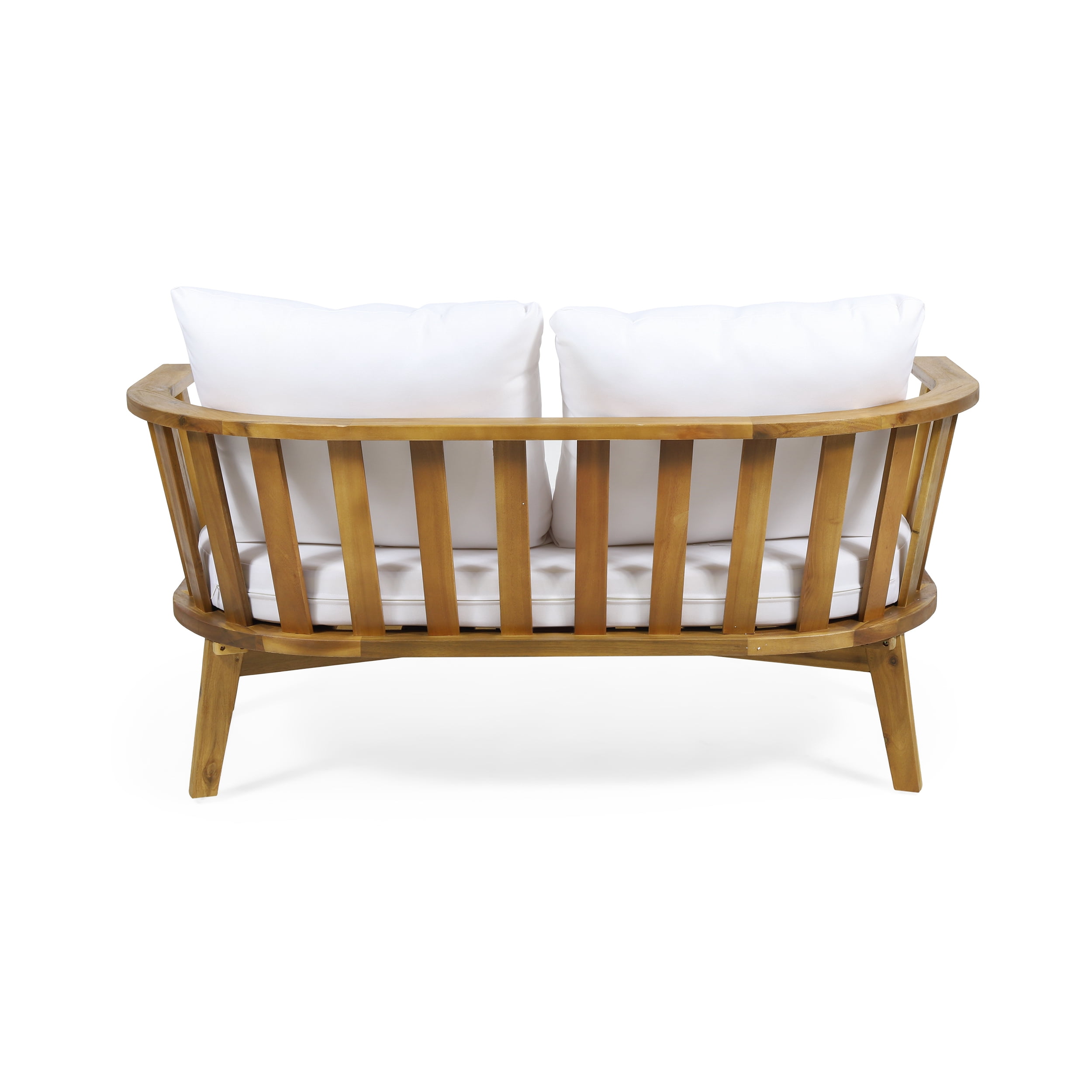 Outdoor Acacia Wood Loveseat with Water-Resistant Cushions and Slatted Back, 55.5-Inch Patio Seating for Garden, Teak and White