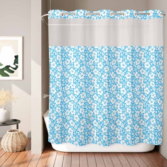 No Hook Shower Curtain, Tropical Plants Shower Curtains for Bathroom with See Through Top Window, Rustic Farmhouse Floral Leaves Blue Waterproof & Washable Bath Curtain Standard 72"x72"