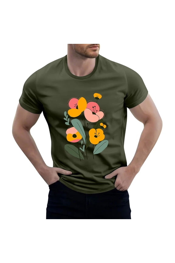 Mens T-Shirts Crewneck Cool Stretch Boho Plus Size Short Sleeved Casual Graphic Lightweight Baggy Tshirts Shirts for Men Army Green Size L