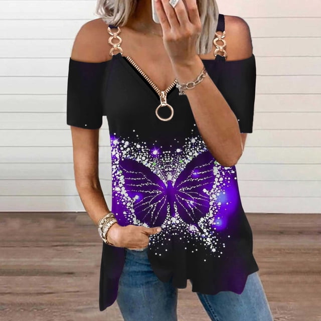 ICHUANYI Clearance Women Summer Zipper V-Neck Short Sleeve Print Strapless T-Shirt Tops Blouses(Purple, S) ICHUANYI WER2023081111018