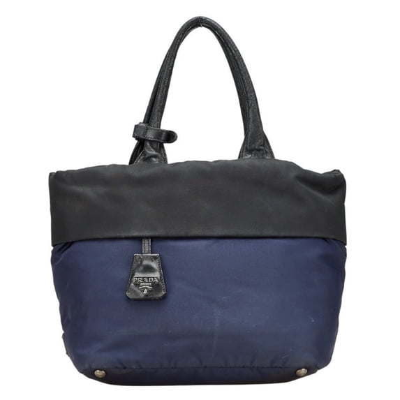 Pre-Owned Prada Tessuto Double Triangle Logo Plate Handbag Tote Bag B1959V Navy Black Nylon...