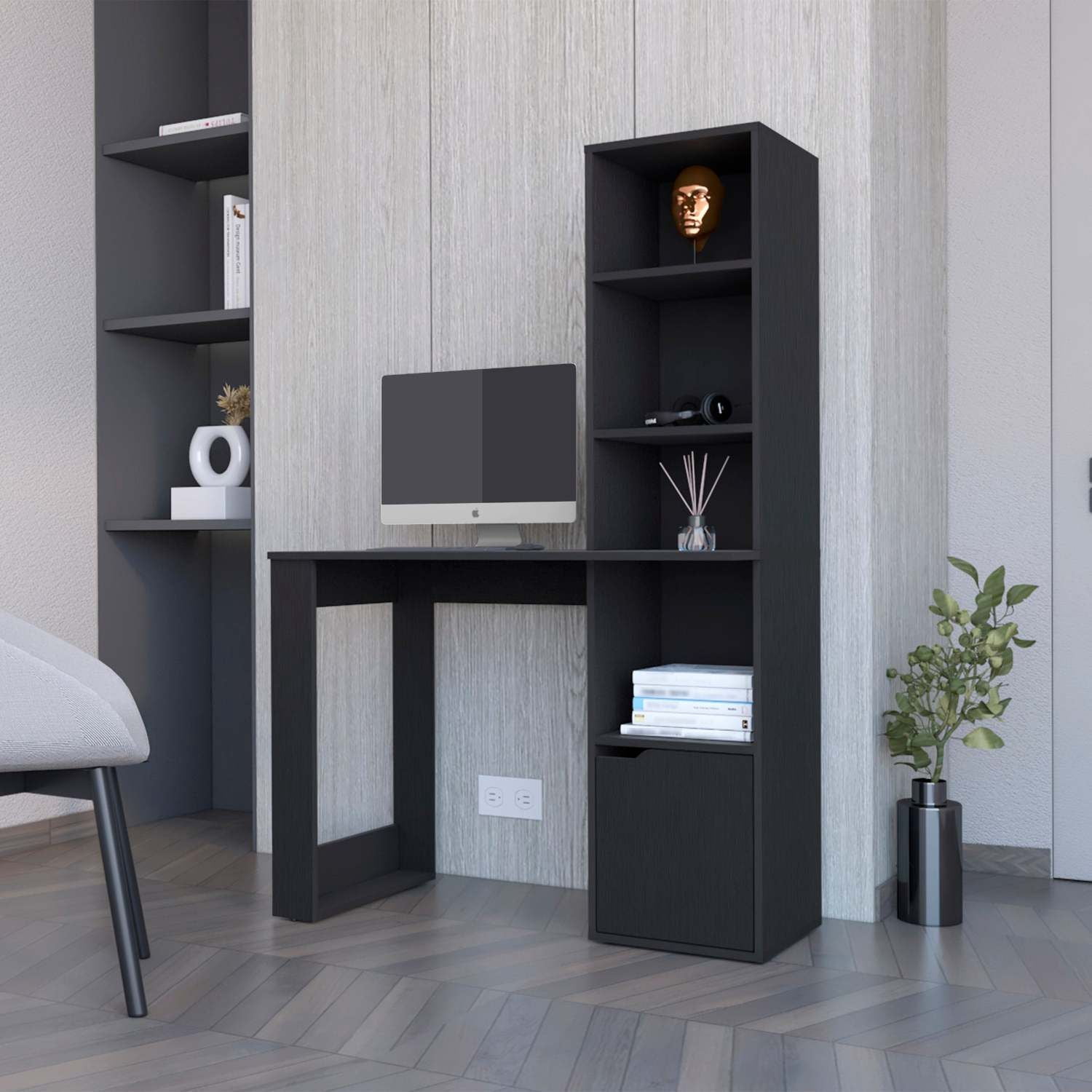 Asteroutdoor Computer Desk with 4-Tier Bookcase and 1-Door Cabinet, Wenge