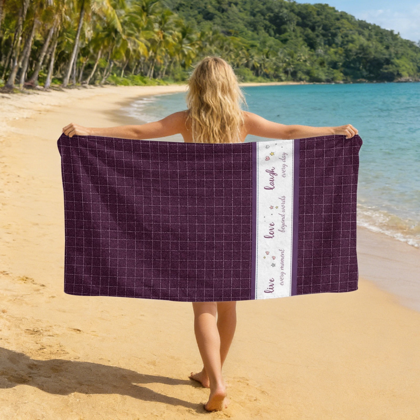 Beach Towel Bag 2 in 1 Live Love Laugh Bath Pool Towels Backpack Purple Buffalo Plaid Absorbent Beach Towel Soft Quick Dry Lightweight Towels Drawstring Bag for Travel Camping Sports Yoga Gym Picnic