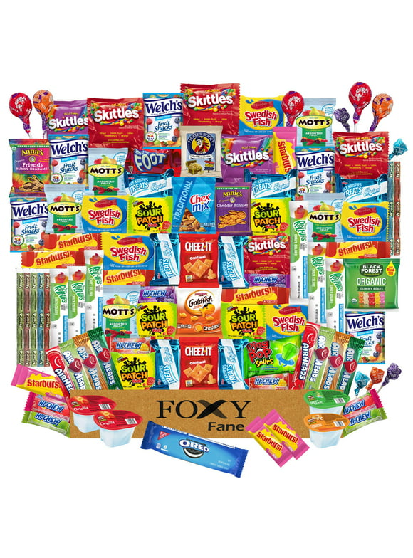 Foxy Fane 100 Count Snack Box - Gift Basket with Variety Assortment of Crackers, Cookies, Candy