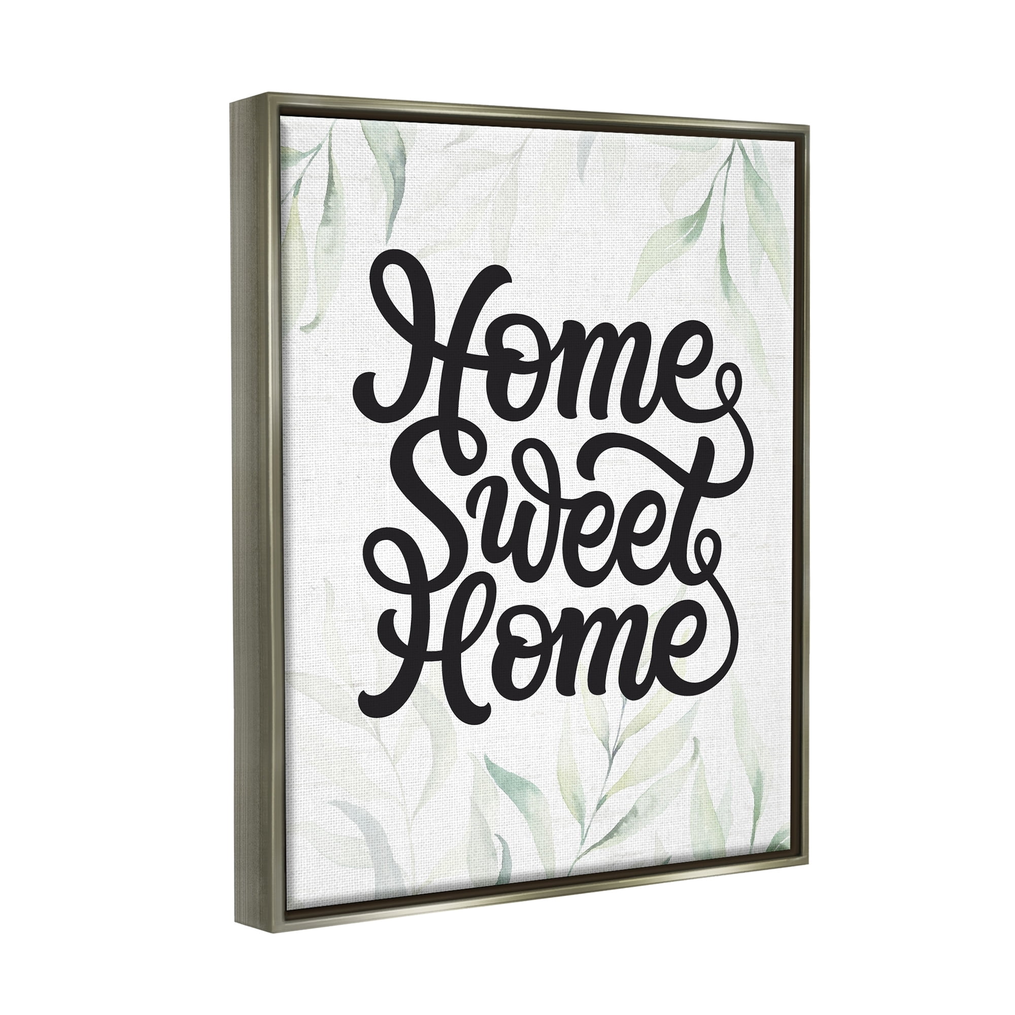 Stupell Industries Sweet Home Bold Retro Calligraphy Plant Leaves Graphic Art Luster Gray Floating Framed Canvas Print Wall Art, Design by Lettered and Lined