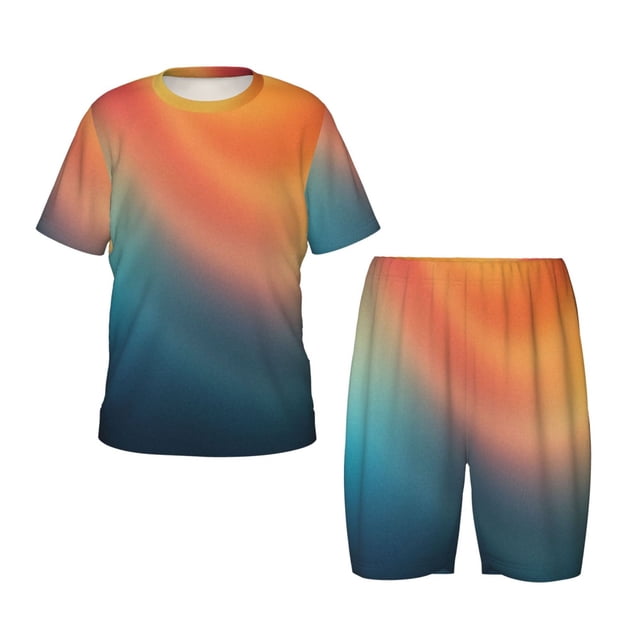 Fotbe yellow orange and teal Pijama Estampada de 2 Piezas para Niños – Ropa de Dormir de Manga Corta Cómoda para Niños y Niñas, Camiseta y Shorts de Algodón-Large
