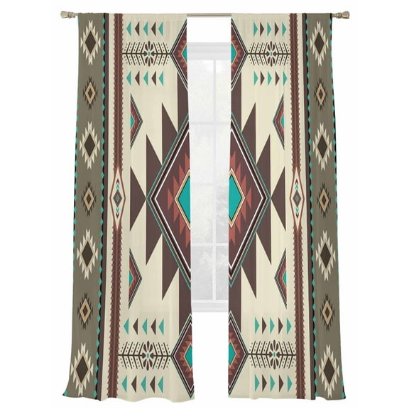 Brown Southwest Sheer Curtains 108 Inch Length 2 Panels Set, Semi Transparent Voile Rod Pocket Curtains for Living Dining Room Bedroom Drapes Ethnic Boho Tribal Vintage Geometric