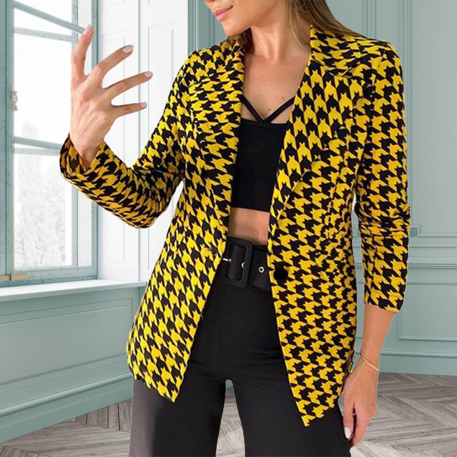 YOLAI Women's Printing Button Lapel 