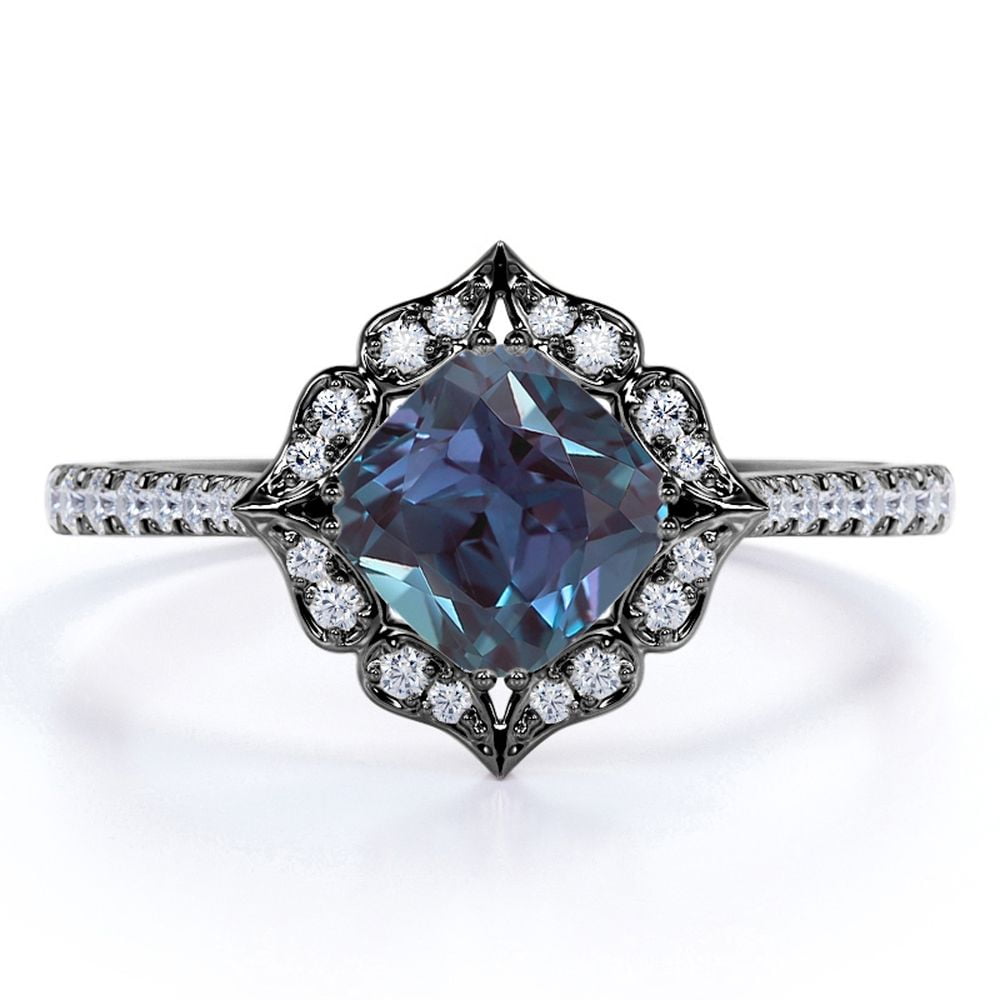 JeenMata Compass 1.75 Carat Cushion Cut Lab Created Color Changing Alexandrite and Moissanite Lotus Engagement Ring in 18k Black Gold over Silver