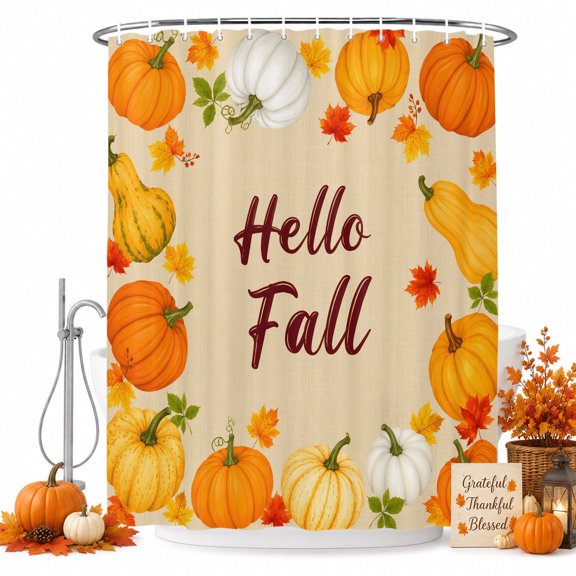 Hello Fall Shower Curtain, Waterproof Shower Curtains for Bathroom, Thanksgiving Orange Yellow Pumpkin Maple Leaf Washable Fabric Bathtub Curtain Set Bath Decor with 12 Hooks Long 72"x84"
