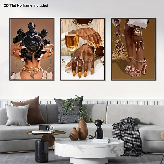 [2D Flat] Decorative Painting 3pcs Set, Frameless Canvas Art, Christmas Gift, 3pcs Fashion Black Women'S Canvas Art Print - Abstract Black Girl Wall Poster, Suitable for Living Room, Bedroom, Dining