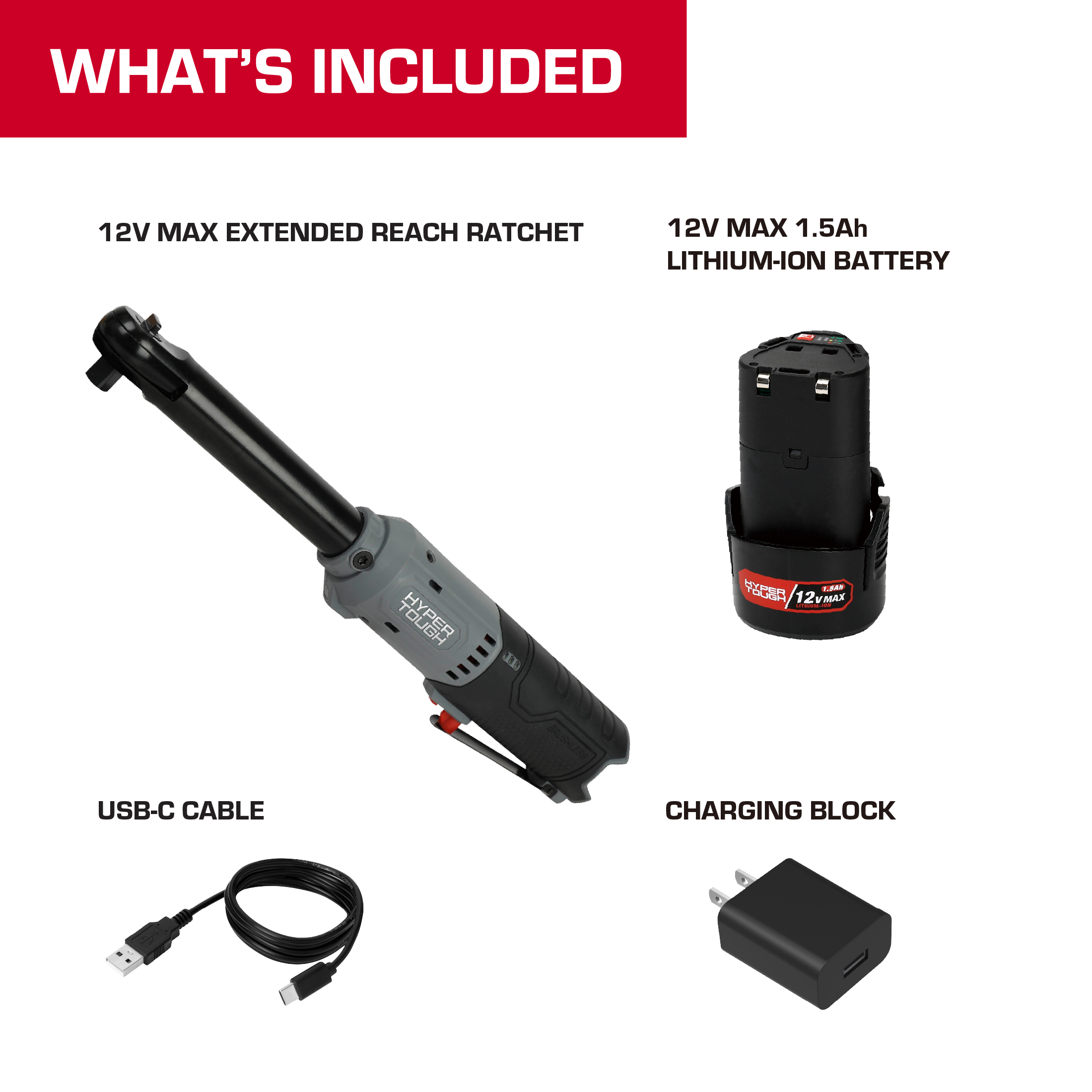 Llave de carraca inalámbrica Hyper Tough de 12V Max sin escobillas de 3/8 de pulgada de alcance extendido con batería de 1.5Ah 2