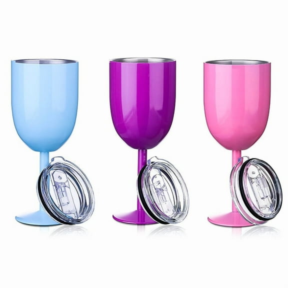 HOT Stemmed Stainless Steel Wine Glasses with Lid Double Wall Insulated Tumbler Goblets Glasses(No Straw)