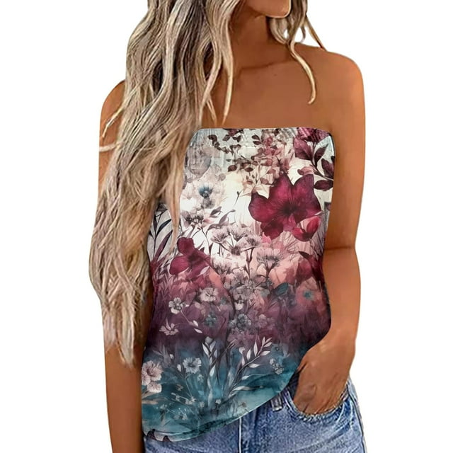 Tank Top Vestido Top de moda para mujer, camiseta sin mangas Bandeau sin tirantes a juego de colores, vacaciones de verano, camiseta holgada para vacaciones, blusa, (Hot Pink, L)