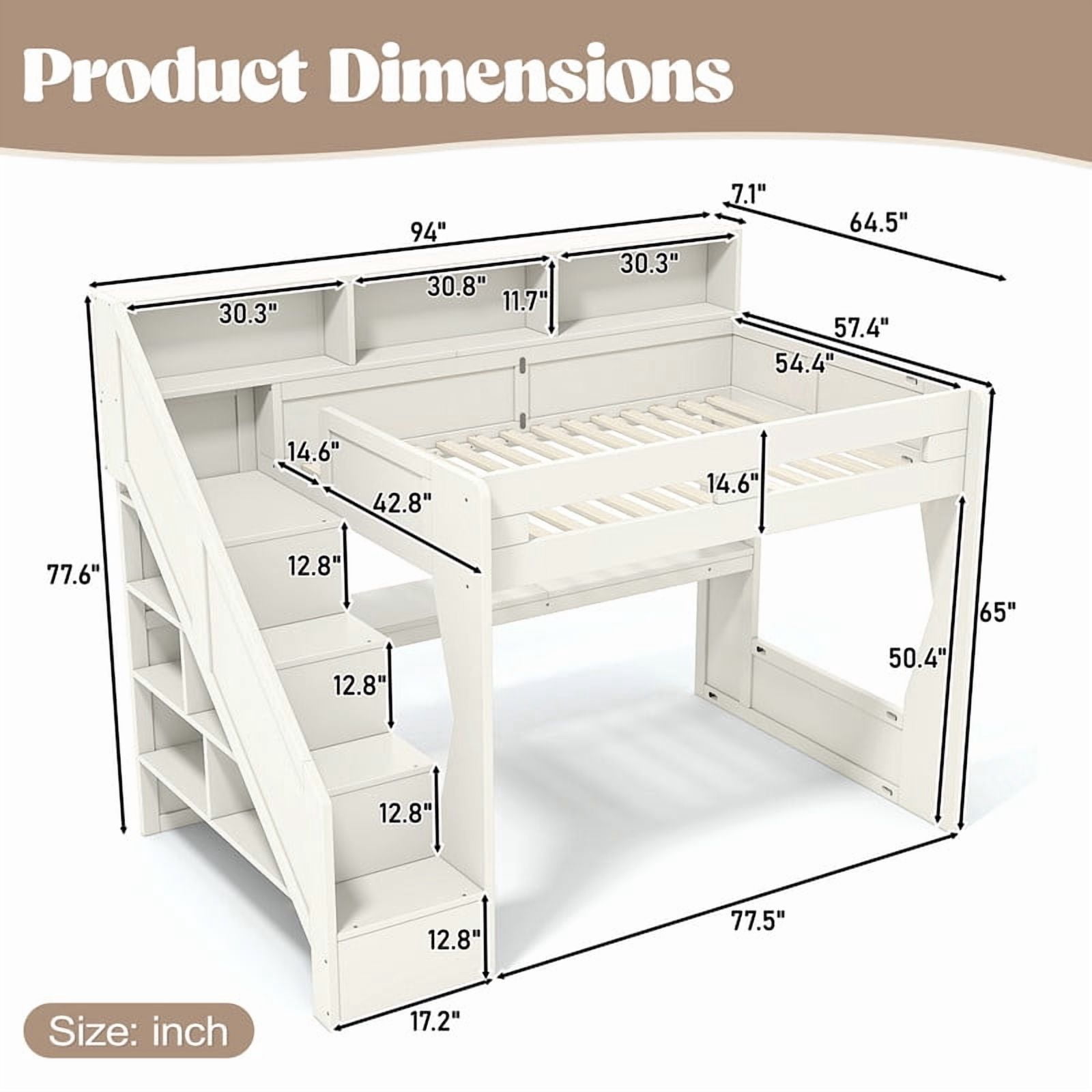 Full Size Teens Gaming Bed Frame with Storage Stair & Open Headboard Shelves, Wood Loft Bed with LED Light & Power Outlet Desk