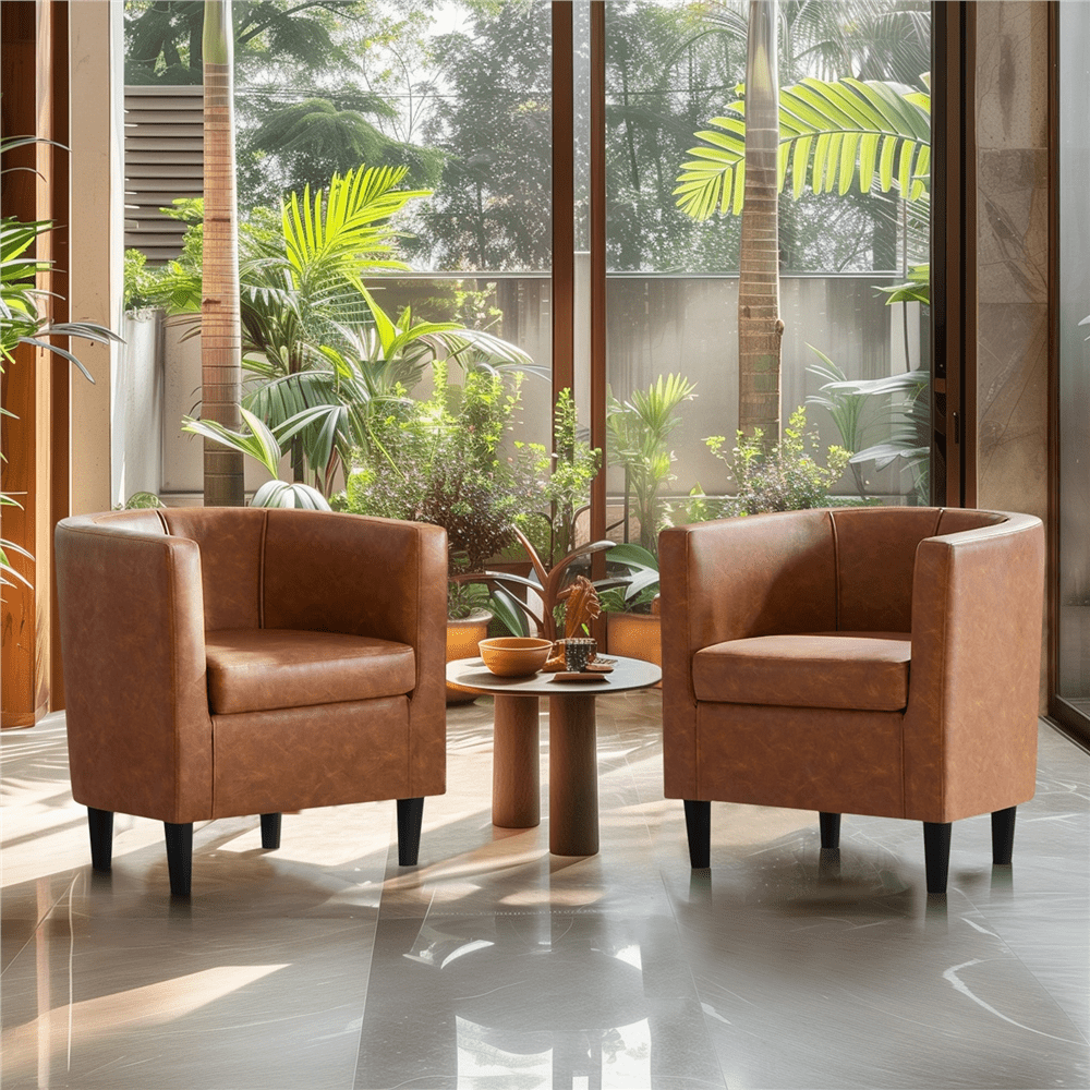 Renwick Upholstered Barrel Shaped Accent Chairs with Curved Backrest, Set of 2, Brown